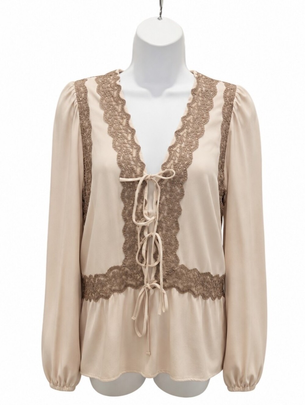 Embroidered Lace Tie Front Peplum Blouse Size L Boho Romantic